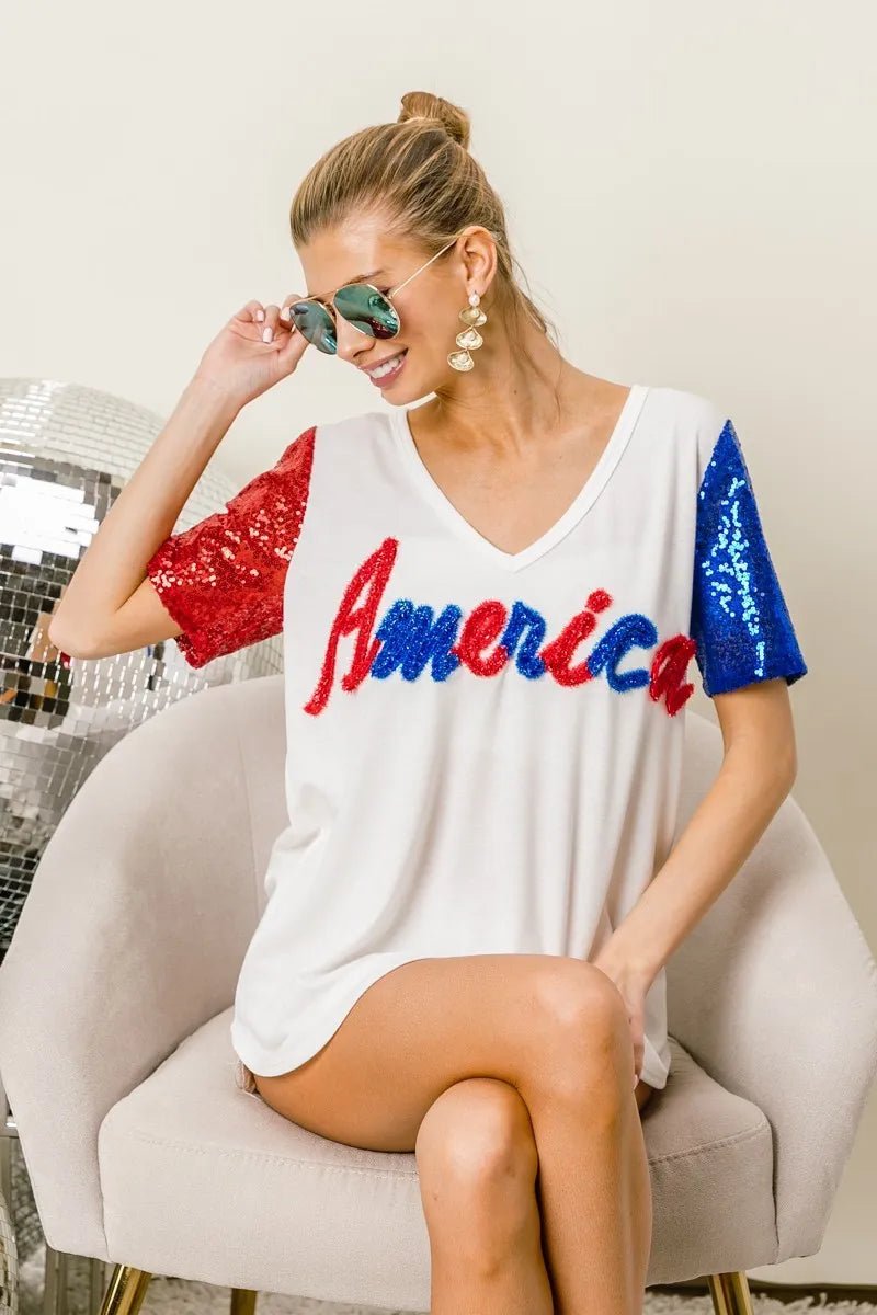 BiBi Metallic Letter V - neck Sequin Sleeves Top - Blu Lotus Boutique