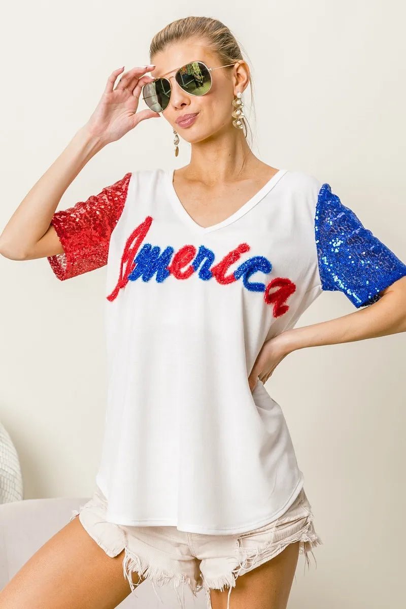 BiBi Metallic Letter V - neck Sequin Sleeves Top - Blu Lotus Boutique