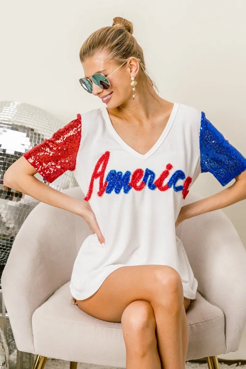 BiBi Metallic Letter V - neck Sequin Sleeves Top - Blu Lotus Boutique