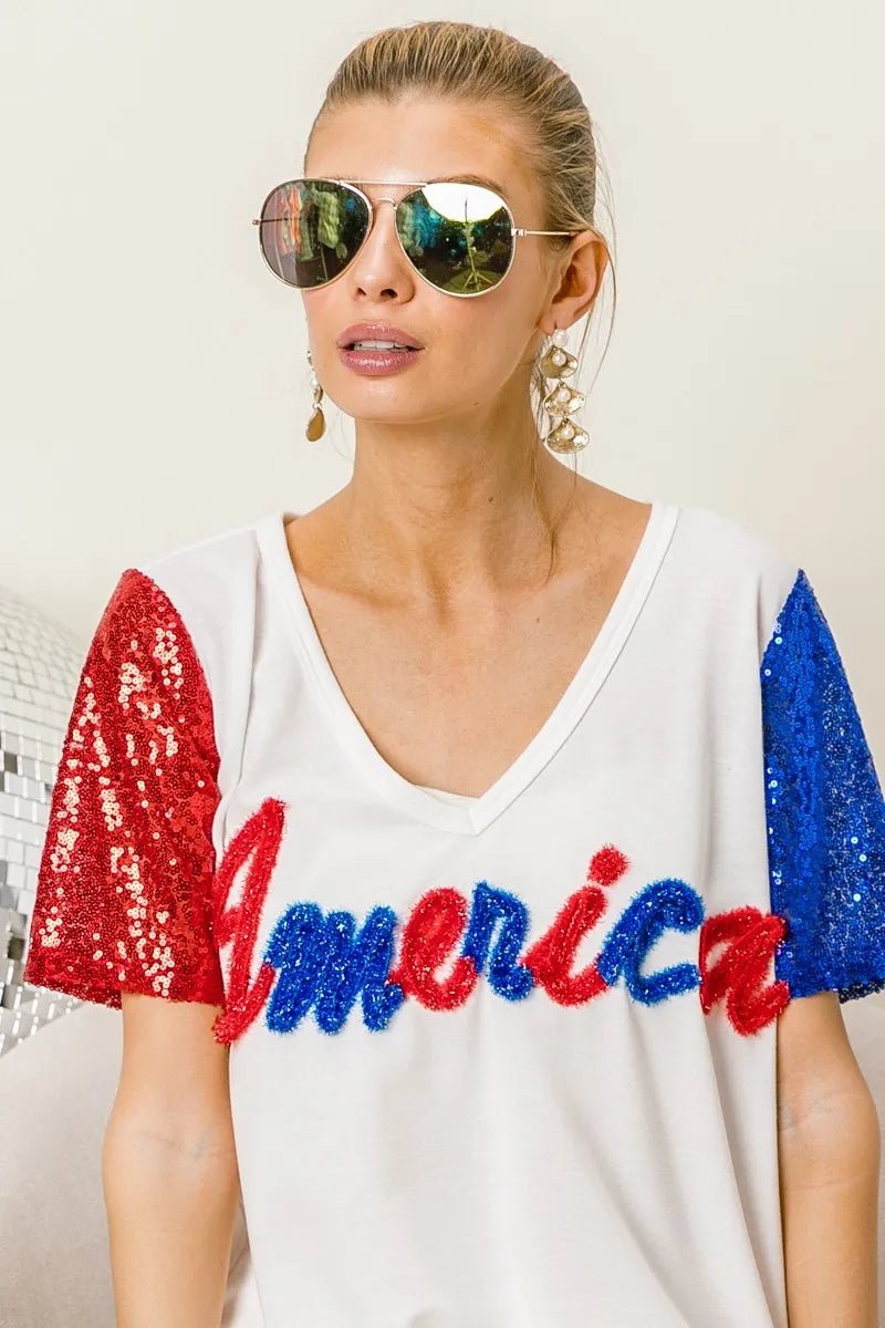 BiBi Metallic Letter V - neck Sequin Sleeves Top - Blu Lotus Boutique