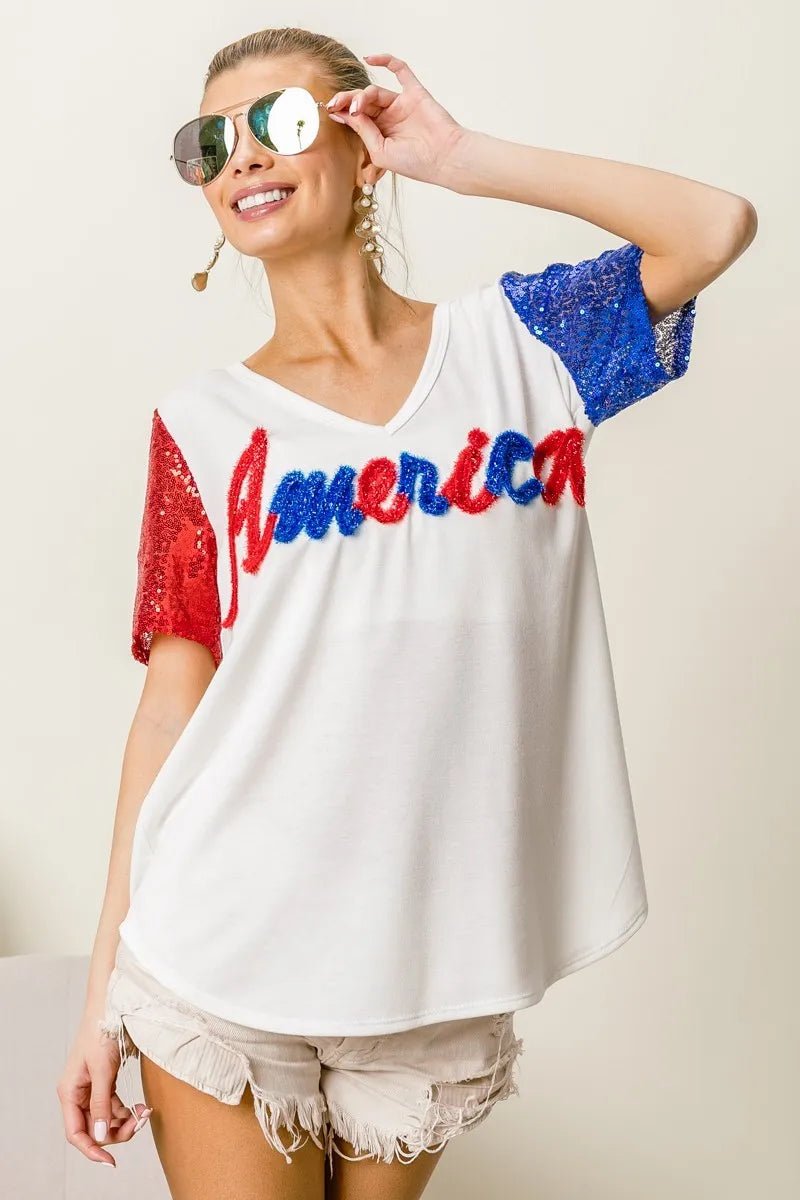 BiBi Metallic Letter V - neck Sequin Sleeves Top - Blu Lotus Boutique
