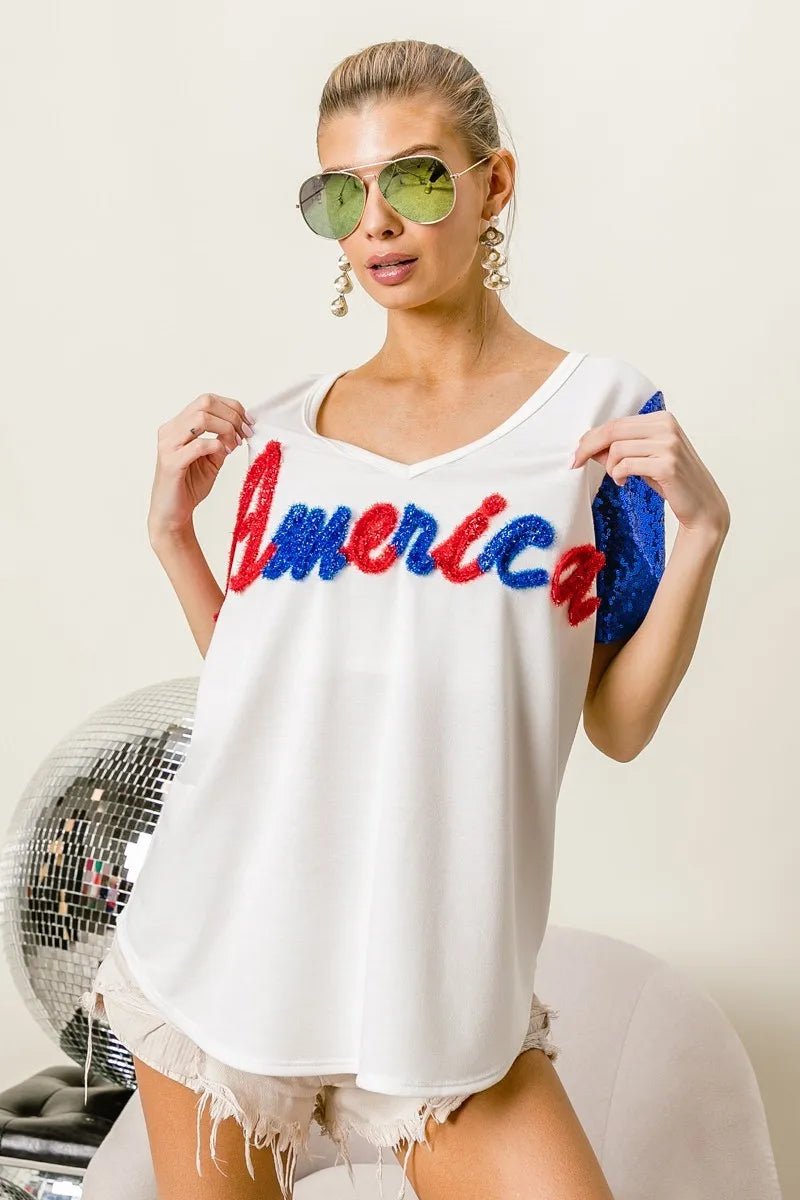 BiBi Metallic Letter V - neck Sequin Sleeves Top - Blu Lotus Boutique