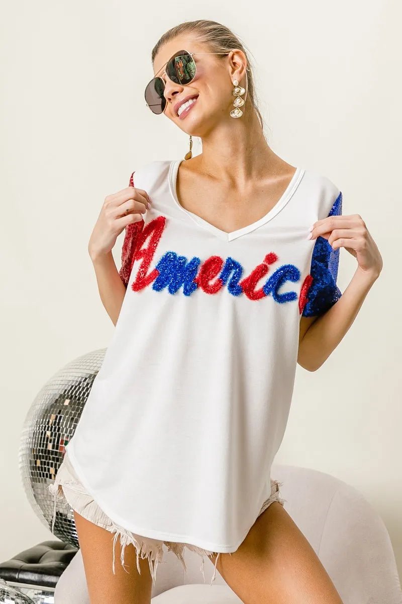 BiBi Metallic Letter V - neck Sequin Sleeves Top - Blu Lotus Boutique