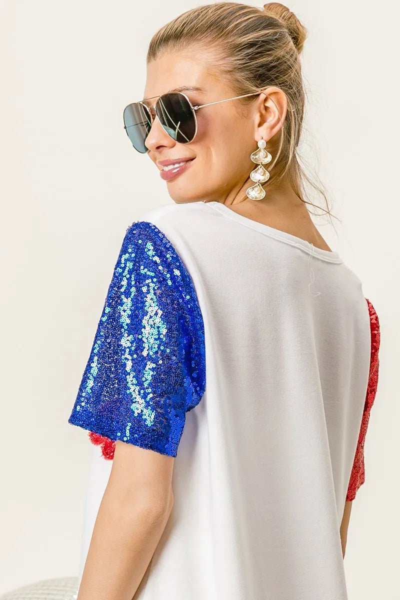BiBi Metallic Letter V - neck Sequin Sleeves Top - Blu Lotus Boutique