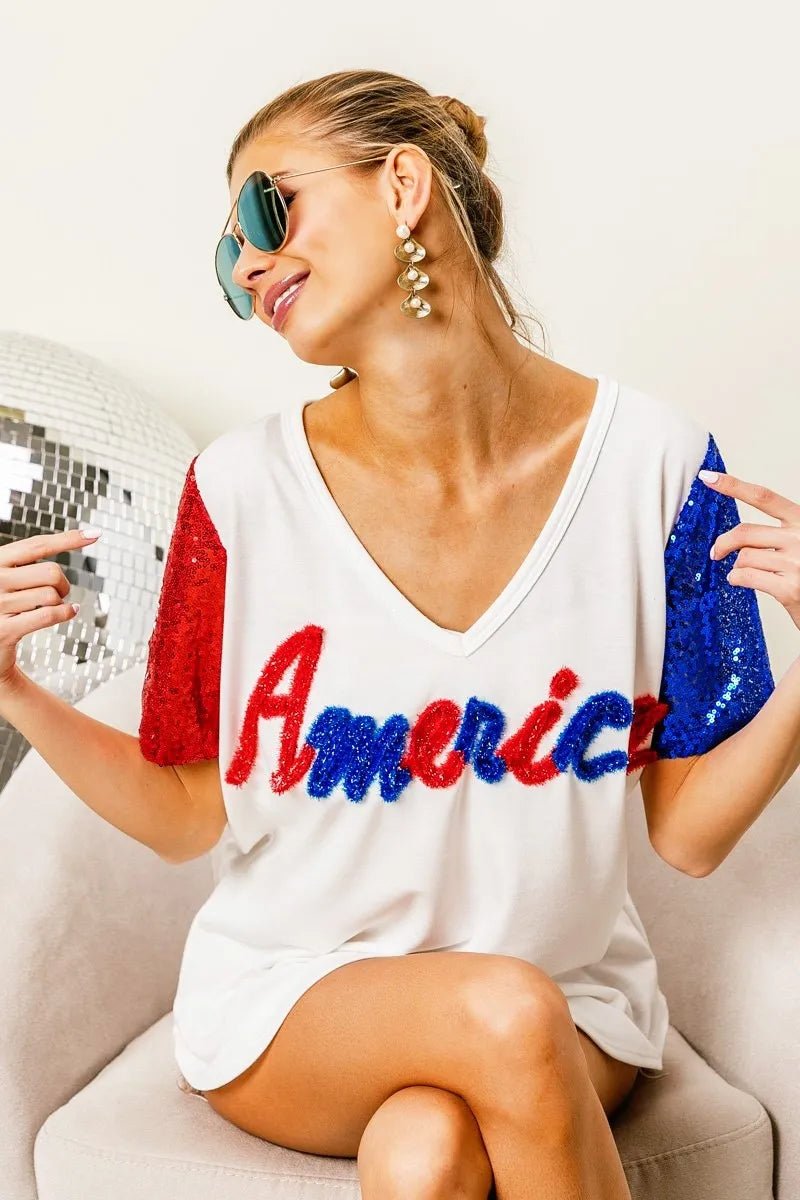BiBi Metallic Letter V - neck Sequin Sleeves Top - Blu Lotus Boutique