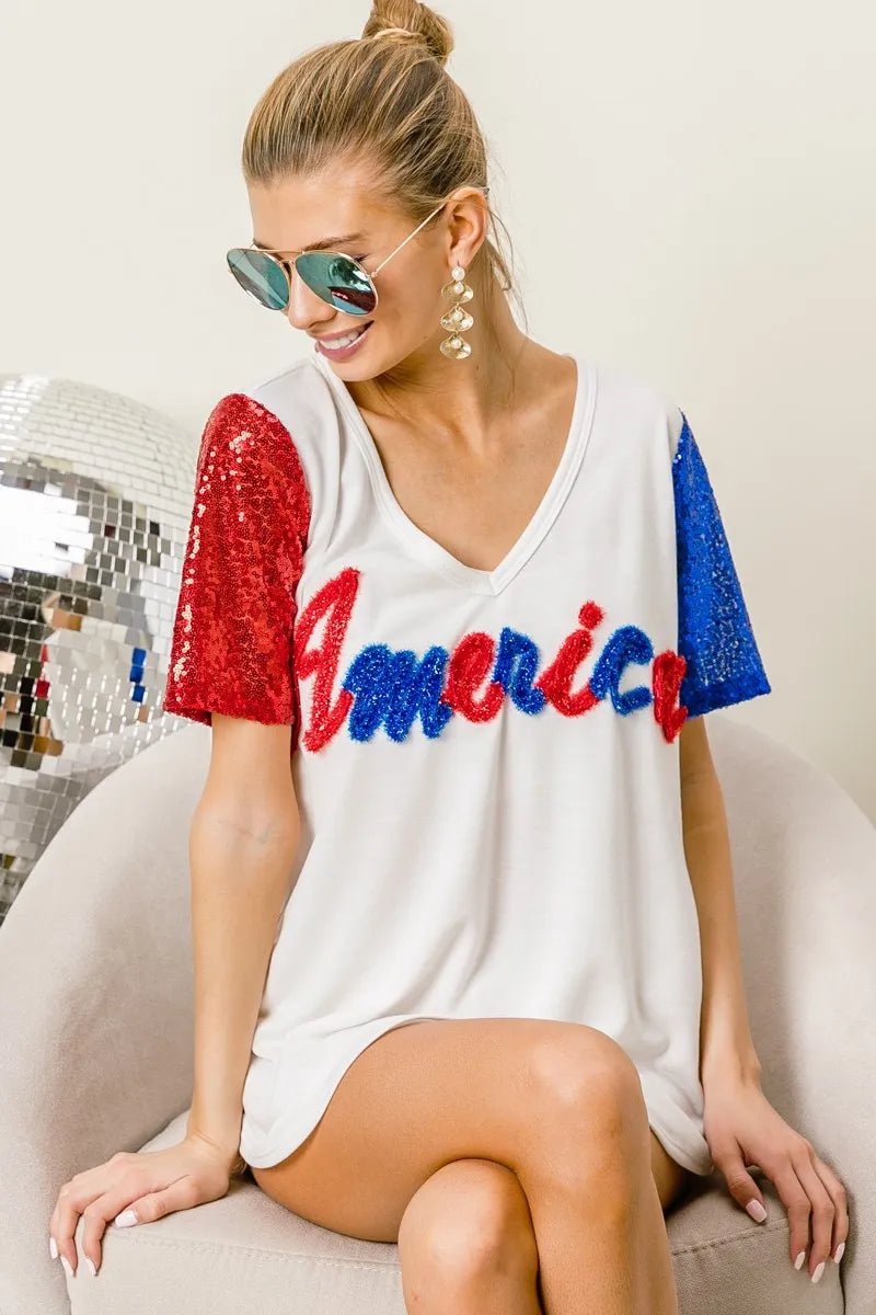 BiBi Metallic Letter V - neck Sequin Sleeves Top - Blu Lotus Boutique