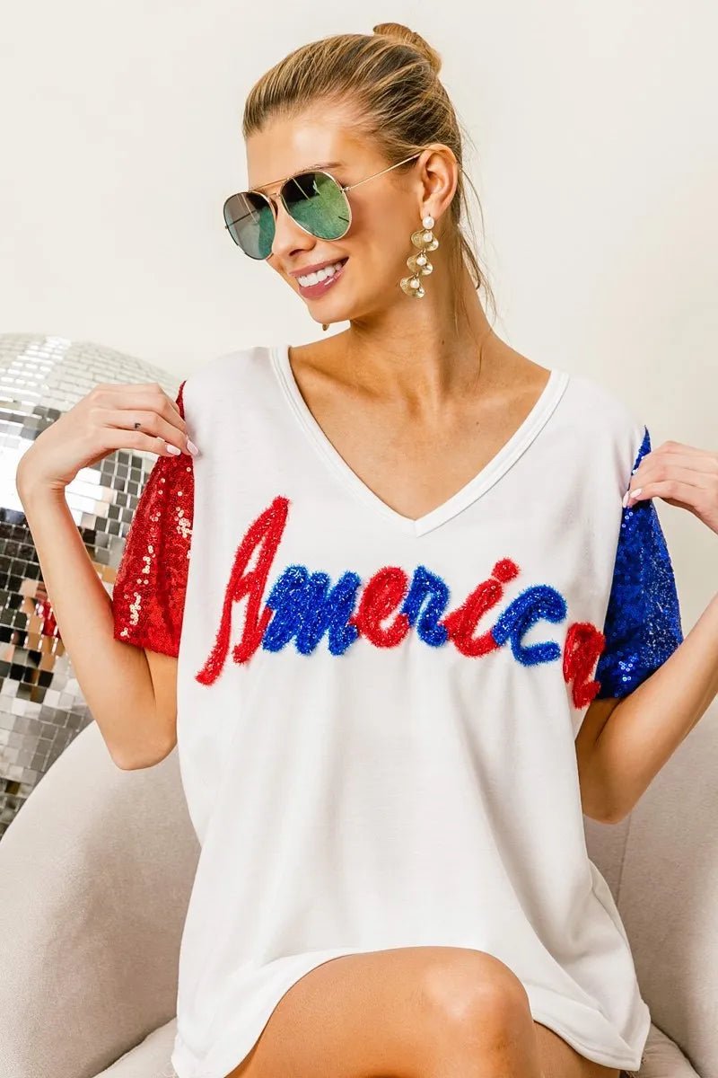BiBi Metallic Letter V - neck Sequin Sleeves Top - Blu Lotus Boutique