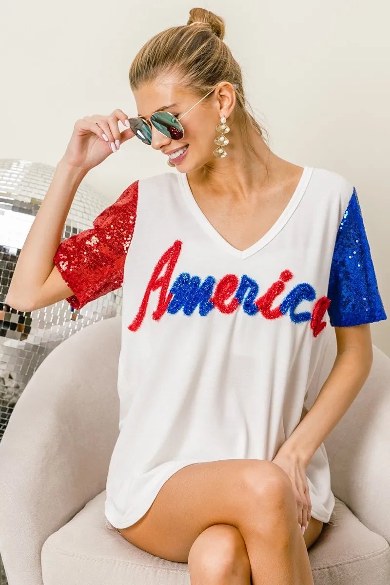 BiBi Metallic Letter V - neck Sequin Sleeves Top - Blu Lotus Boutique