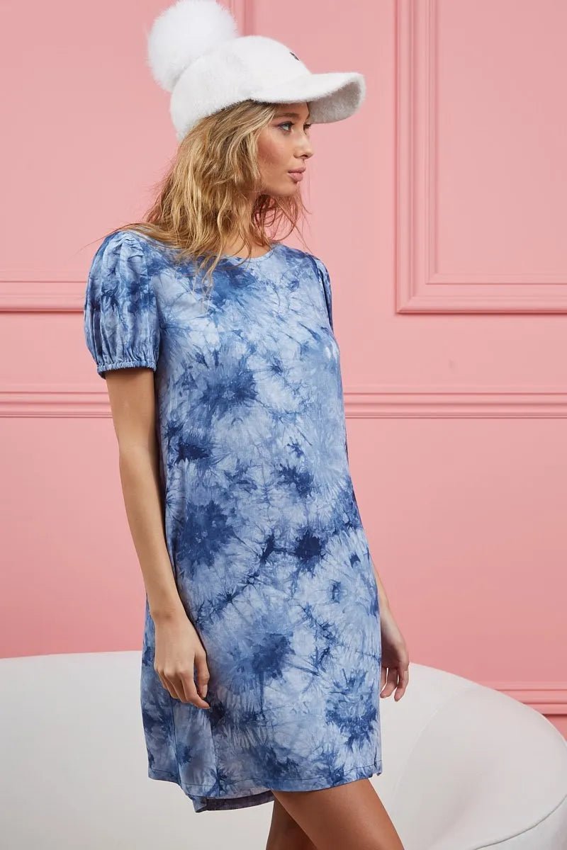 BiBi Puff Sleeve With Side Pockets Tie Dye Dress - Blu Lotus Boutique