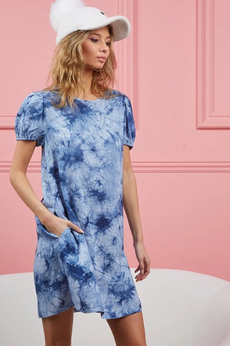 BiBi Puff Sleeve With Side Pockets Tie Dye Dress - Blu Lotus Boutique