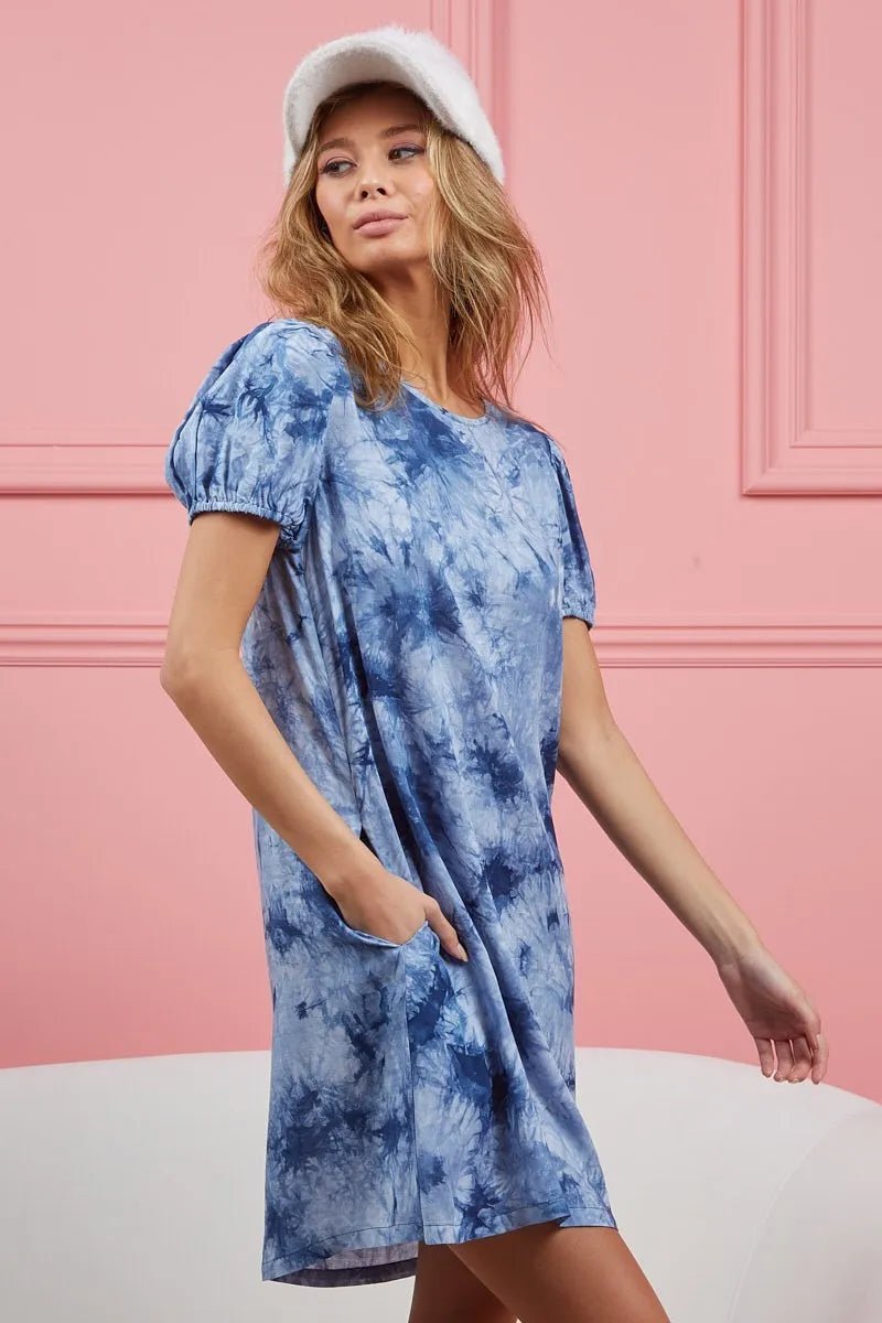 BiBi Puff Sleeve With Side Pockets Tie Dye Dress - Blu Lotus Boutique