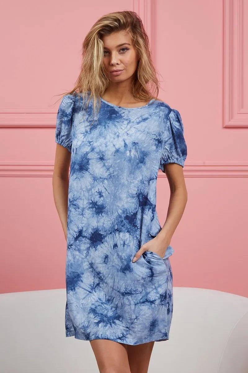 BiBi Puff Sleeve With Side Pockets Tie Dye Dress - Blu Lotus Boutique