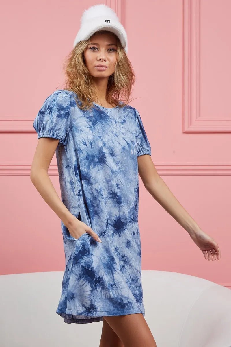 BiBi Puff Sleeve With Side Pockets Tie Dye Dress - Blu Lotus Boutique