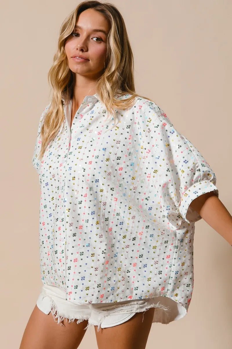 BiBi Sequin Striped Short Dolman Sleeve Blouse - Blu Lotus Boutique