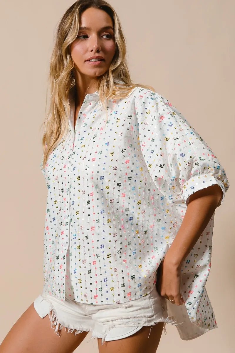 BiBi Sequin Striped Short Dolman Sleeve Blouse - Blu Lotus Boutique