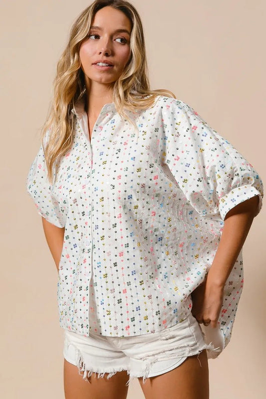 BiBi Sequin Striped Short Dolman Sleeve Blouse - Blu Lotus Boutique