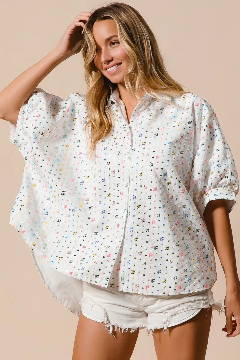 BiBi Sequin Striped Short Dolman Sleeve Blouse - Blu Lotus Boutique