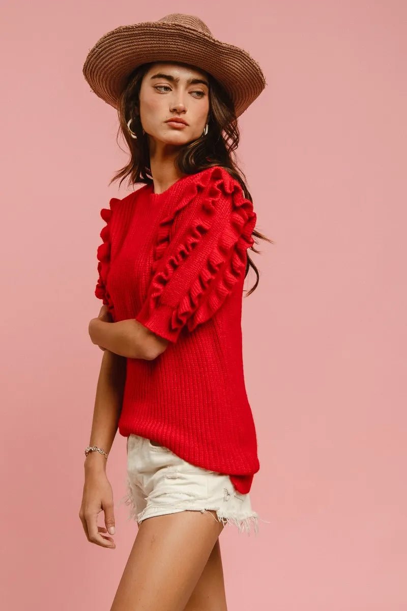 BiBi Solid Knit Ruffled Sleeves Top - Blu Lotus Boutique