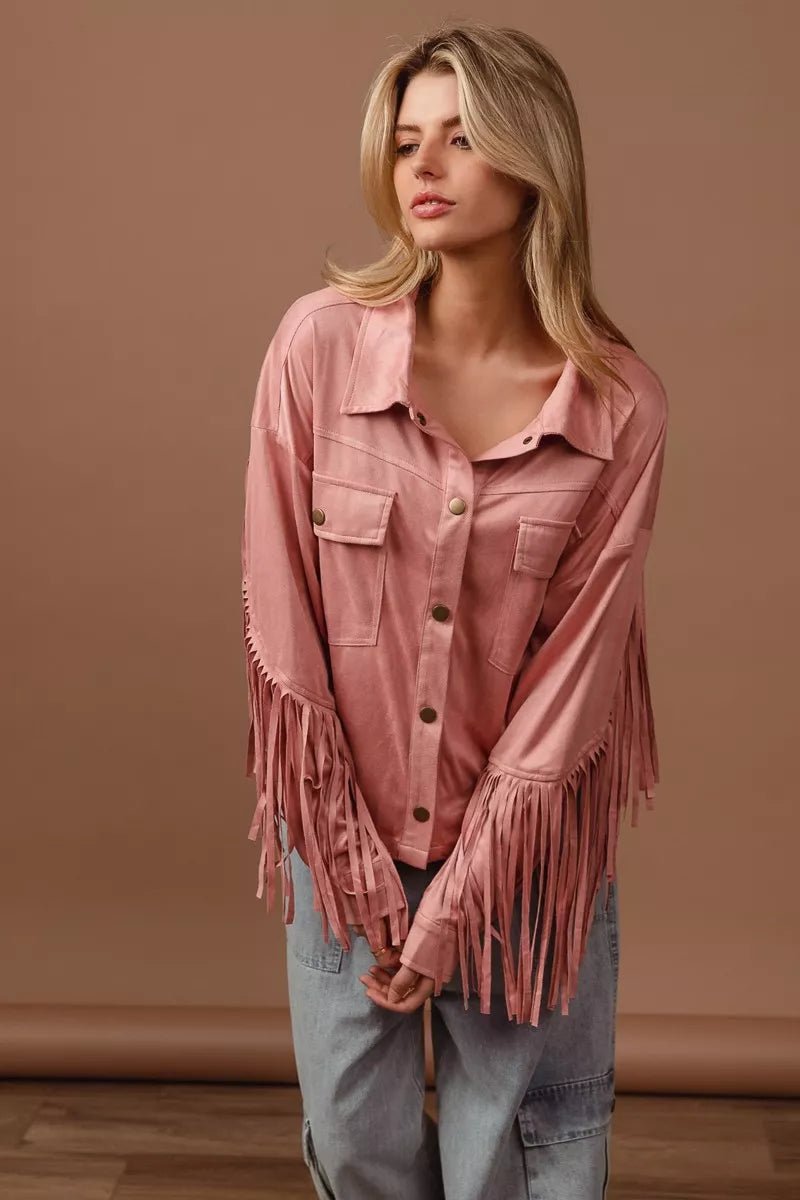 BiBi Suede Fringe Long Sleeve Jacket - Blu Lotus Boutique
