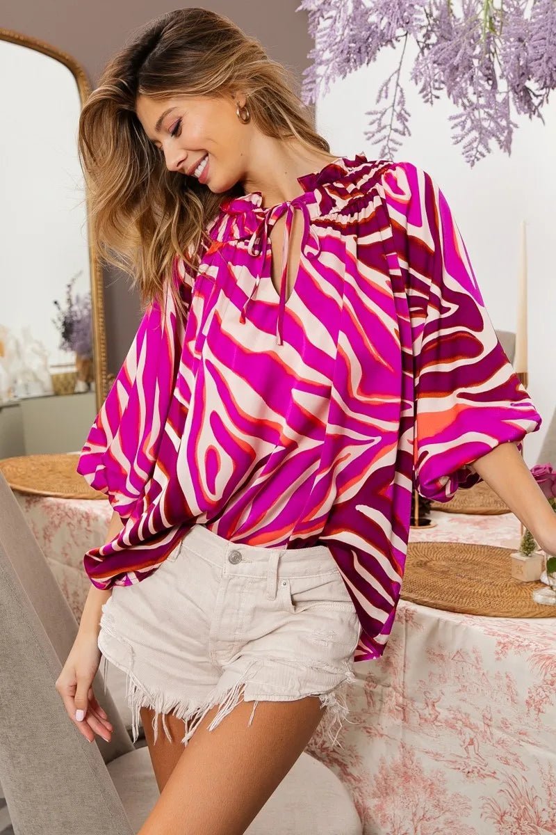 BiBi Tied Neck Half Balloon Sleeve Zebra Satin Top - Blu Lotus Boutique
