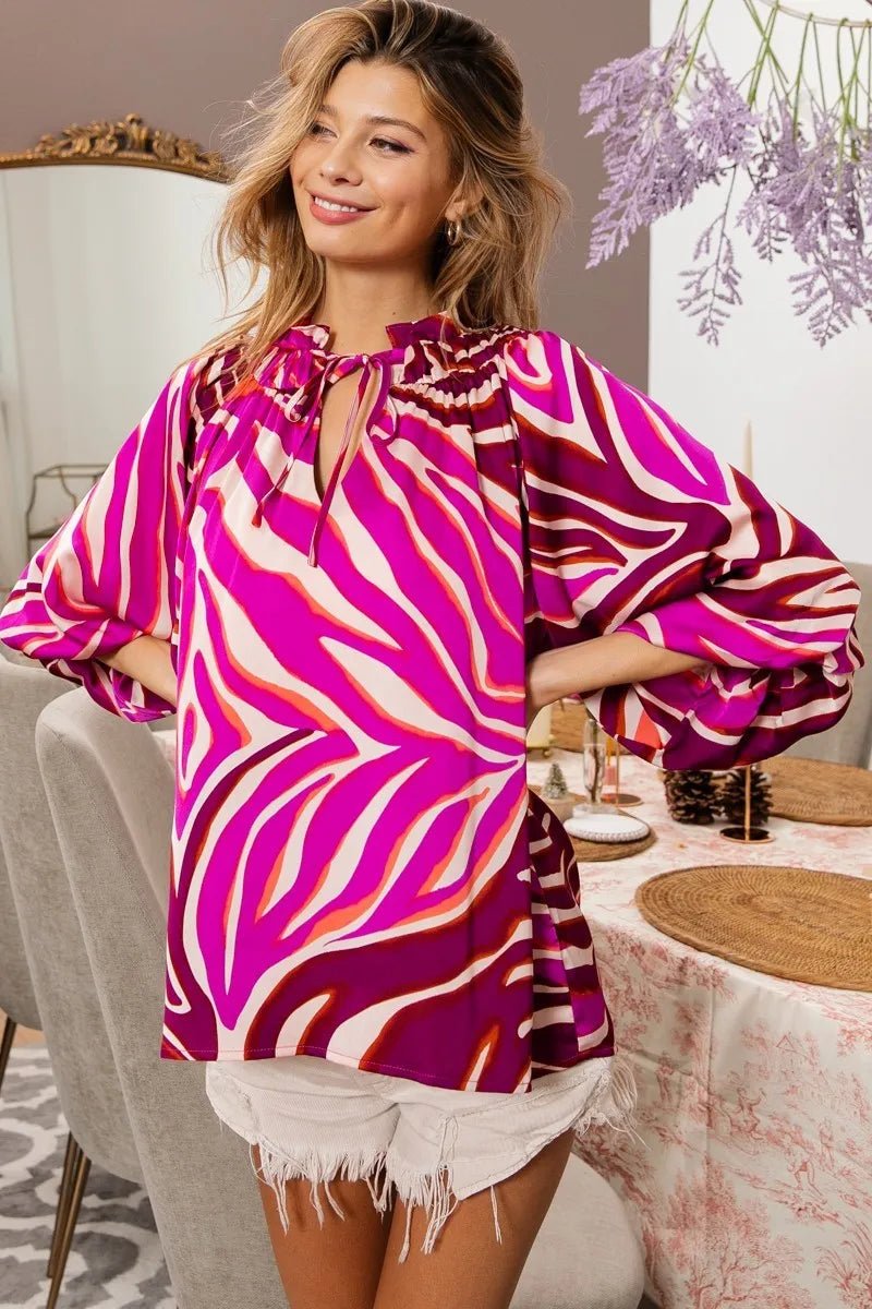 BiBi Tied Neck Half Balloon Sleeve Zebra Satin Top - Blu Lotus Boutique
