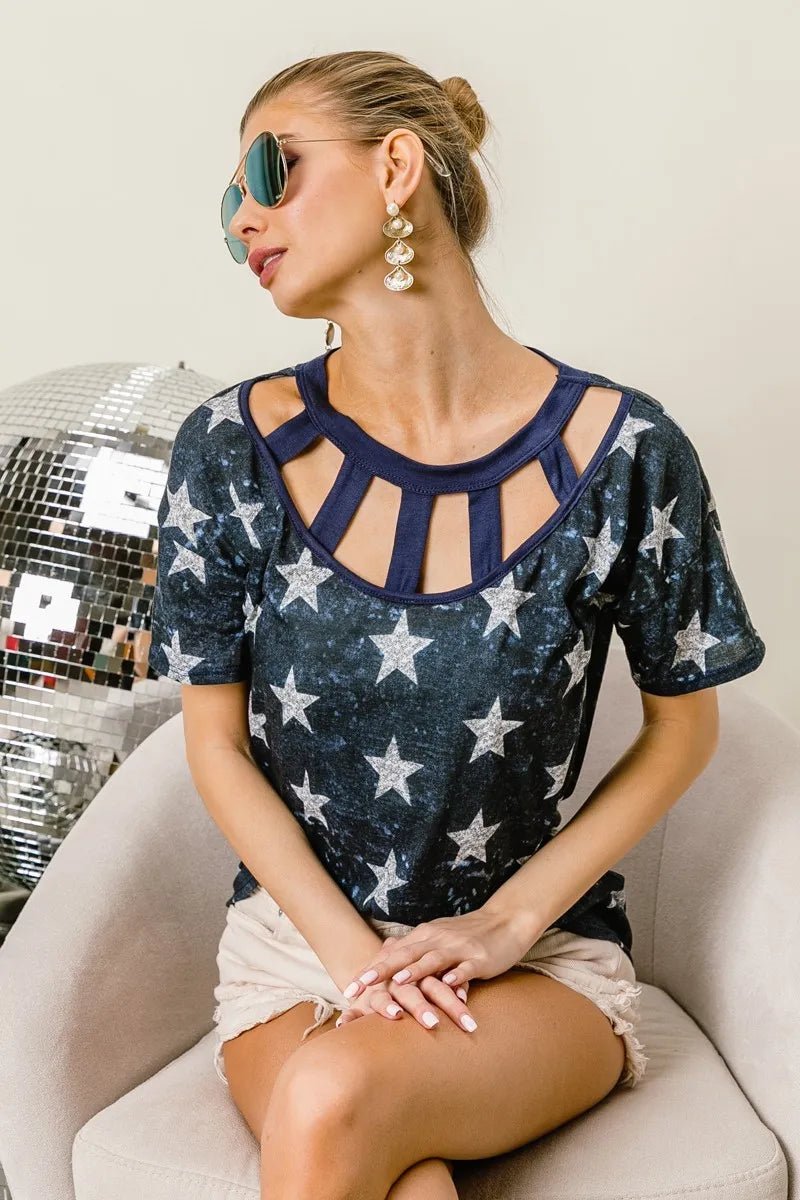 BiBi Vintage Star Print Top With Contrast Caged Neck - Blu Lotus Boutique