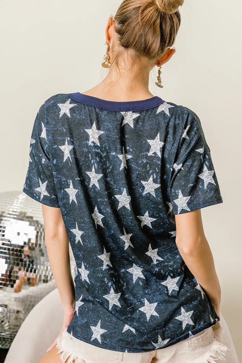 BiBi Vintage Star Print Top With Contrast Caged Neck - Blu Lotus Boutique
