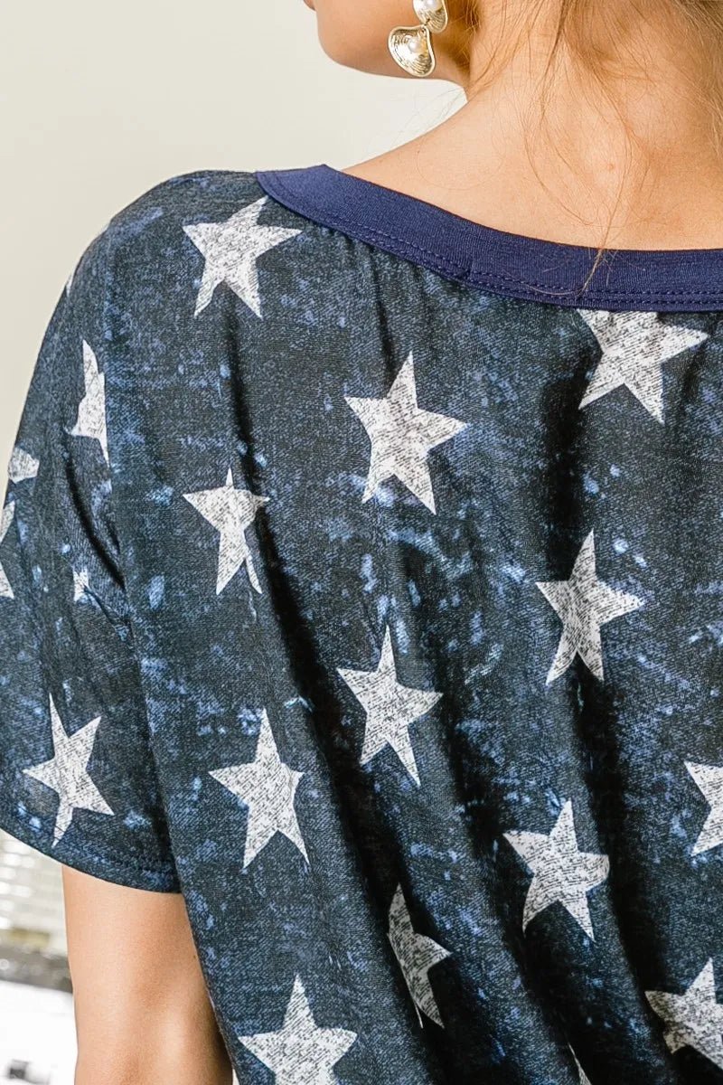 BiBi Vintage Star Print Top With Contrast Caged Neck - Blu Lotus Boutique