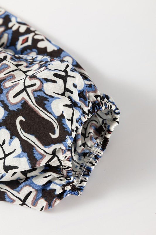 Blue Print Lace - up Frilled Neck Puff Sleeve Blouse - Blu Lotus Boutique