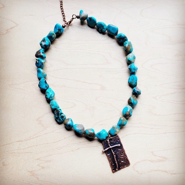 Blue Turquoise Collar Neck w/Copper Cross Pendant - Blu Lotus Boutique