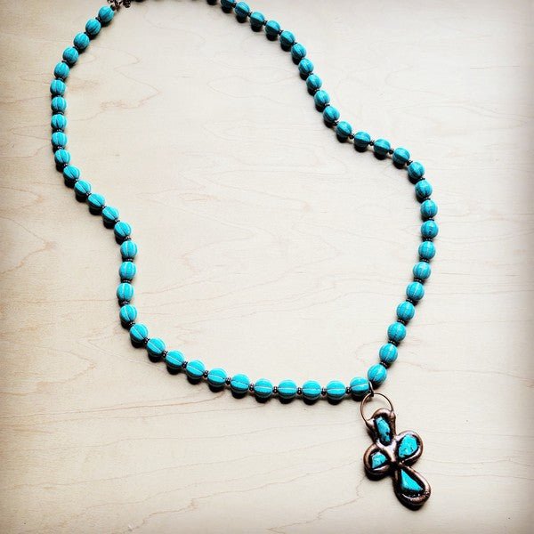 Blue Turquoise Melon BeadedNecklace w/Copper Cross - Blu Lotus Boutique