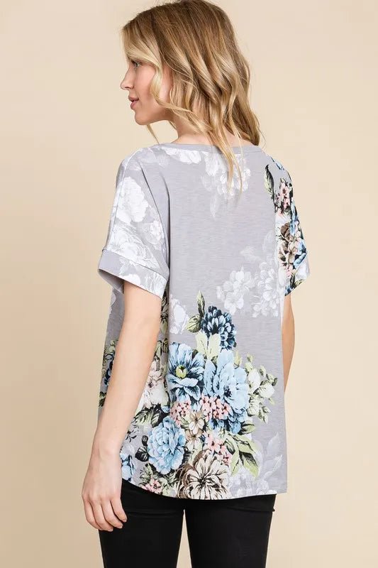 BOMBOM Floral Round Neck Short Sleeve T-Shirt - Blu Lotus Boutique