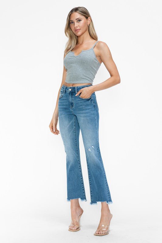 bytos Raw Hem Distressed Mid Rise Crop Jeans - Blu Lotus Boutique