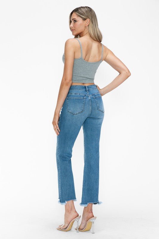 bytos Raw Hem Distressed Mid Rise Crop Jeans - Blu Lotus Boutique