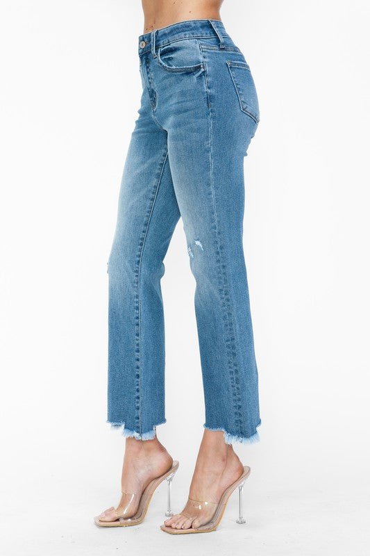 bytos Raw Hem Distressed Mid Rise Crop Jeans - Blu Lotus Boutique