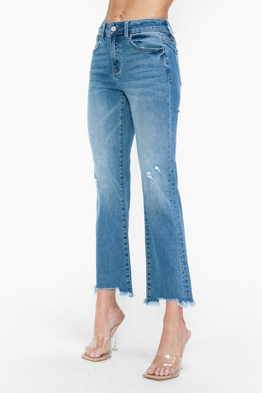 bytos Raw Hem Distressed Mid Rise Crop Jeans - Blu Lotus Boutique