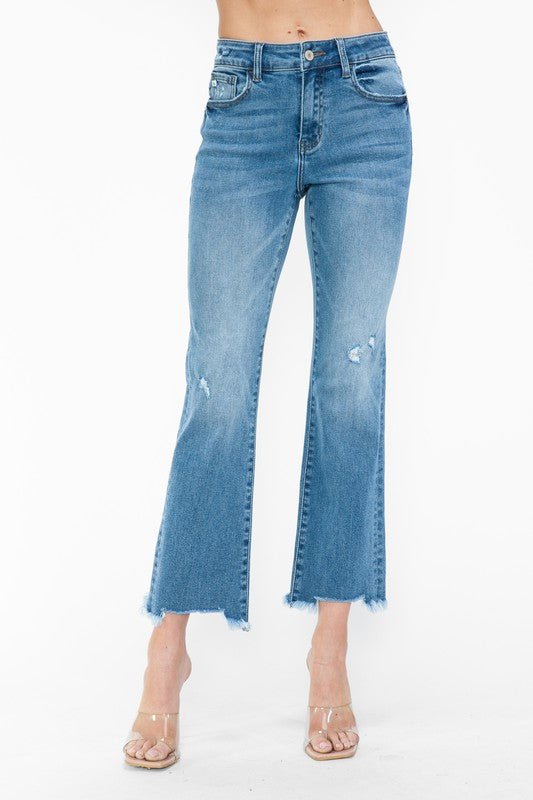 bytos Raw Hem Distressed Mid Rise Crop Jeans - Blu Lotus Boutique