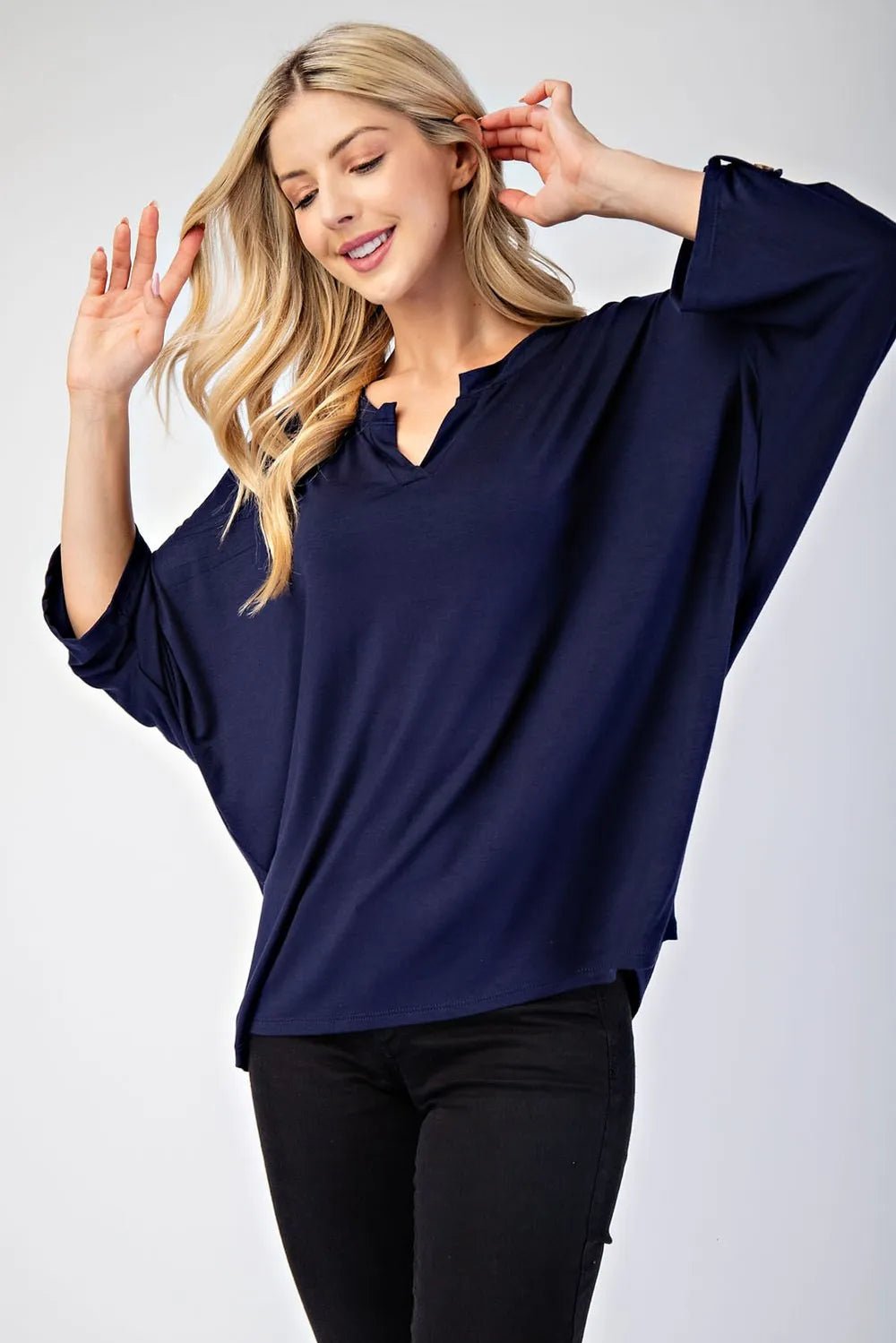 Celeste Full Size Notched Three - Quarter Sleeve Blouse - Blu Lotus Boutique