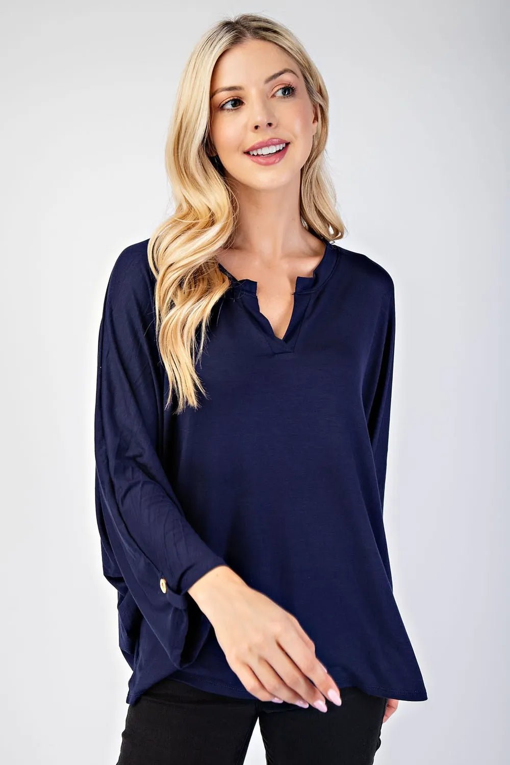 Celeste Full Size Notched Three - Quarter Sleeve Blouse - Blu Lotus Boutique