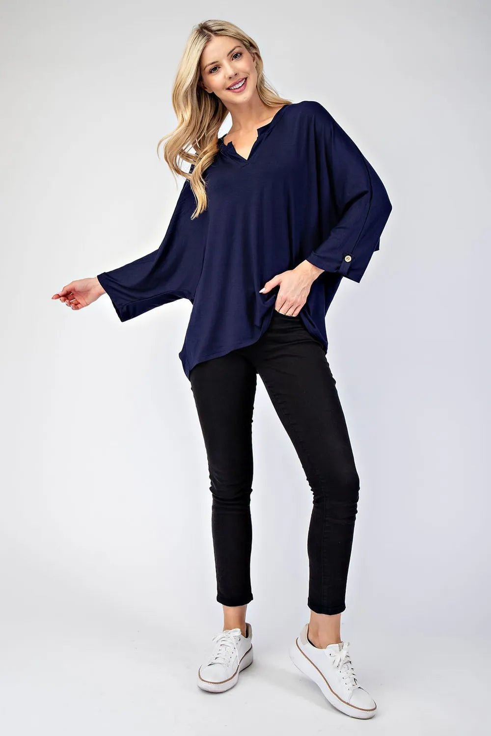 Celeste Full Size Notched Three - Quarter Sleeve Blouse - Blu Lotus Boutique