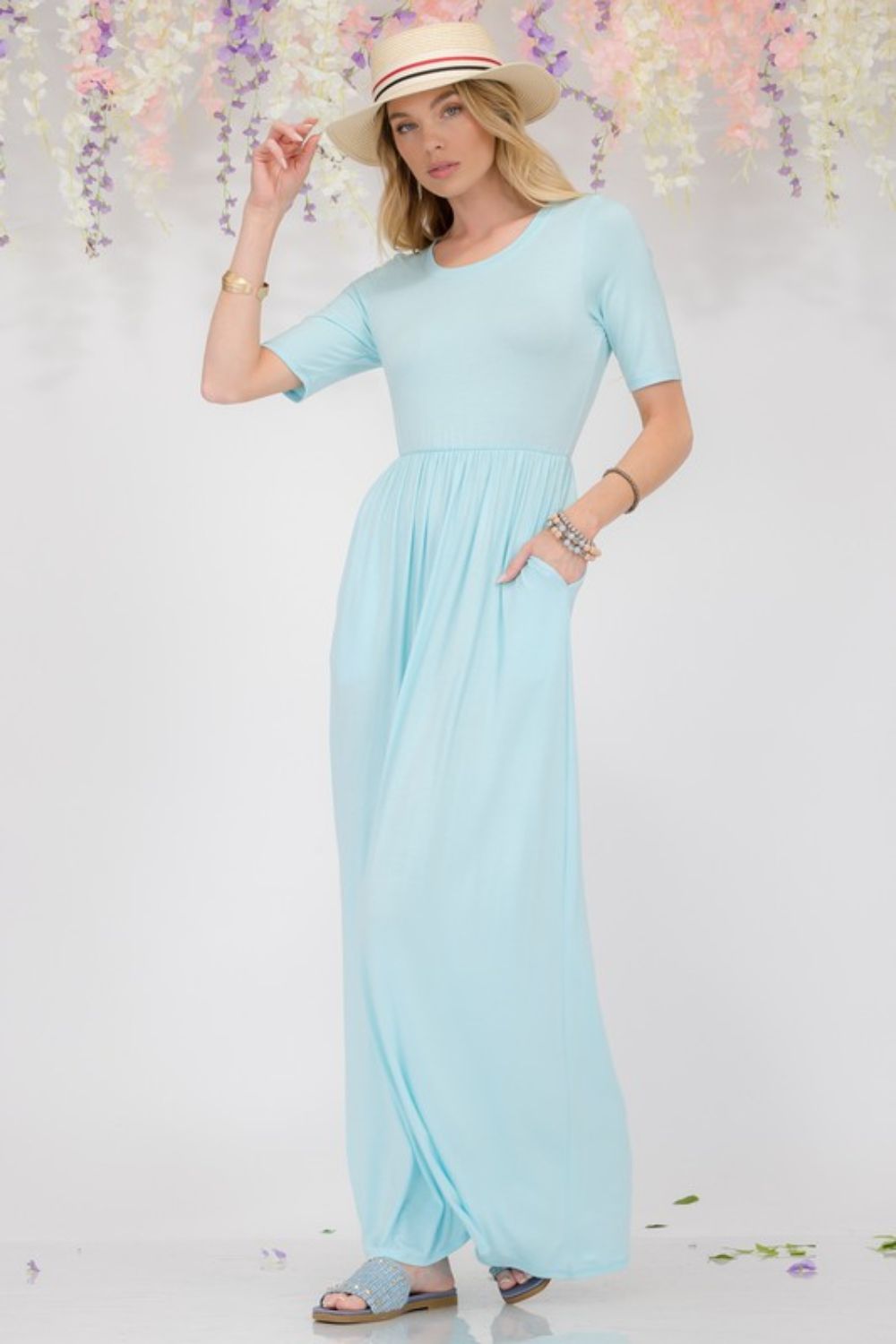 Celeste Full Size Round Neck Short Sleeve Maxi Dress with Pockets Plus Size - Blu Lotus Boutique