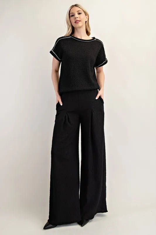 Celeste Full Size Textured Wide - Leg Pants with Pockets Plus Size - Blu Lotus Boutique