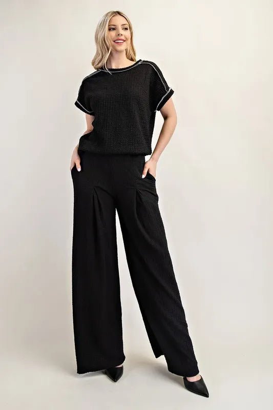 Celeste Full Size Textured Wide - Leg Pants with Pockets Plus Size - Blu Lotus Boutique