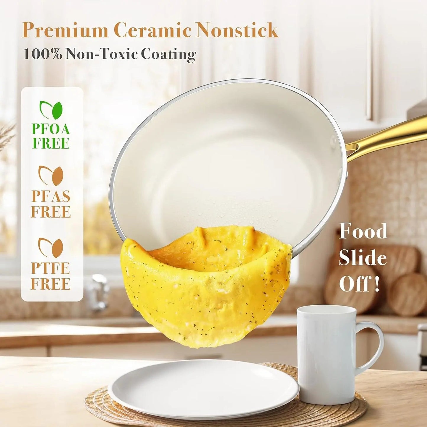 Ceramic Cookware Set 15 - Pieces, Pots and Pans Set Non Stick, Oven Safe Non Toxic, Kitchen Cookware Set, PFOA PTFE FREE, Gold Wh - Blu Lotus Boutique