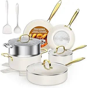 Ceramic Cookware Set 15 - Pieces, Pots and Pans Set Non Stick, Oven Safe Non Toxic, Kitchen Cookware Set, PFOA PTFE FREE, Gold Wh - Blu Lotus Boutique
