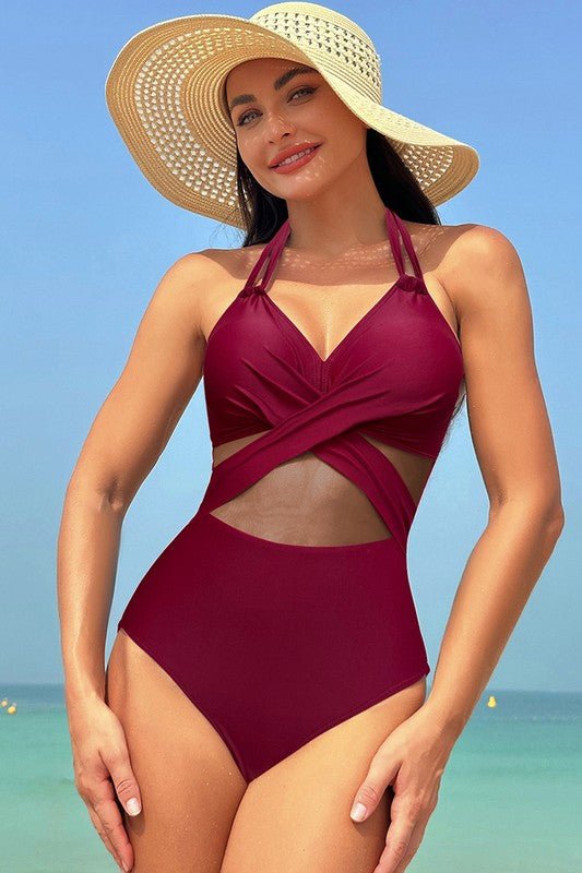 Color Block Halter Cross Lace One Piece Swimsuit - Blu Lotus Boutique