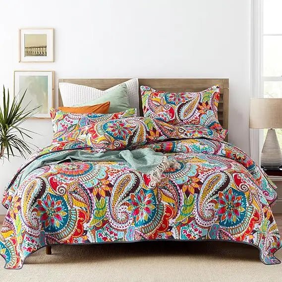 Colorful Cotton Boho Paisley Quilt Set, 3 - Piece Lightweight King Size Bedding with Pillows - Blu Lotus Boutique