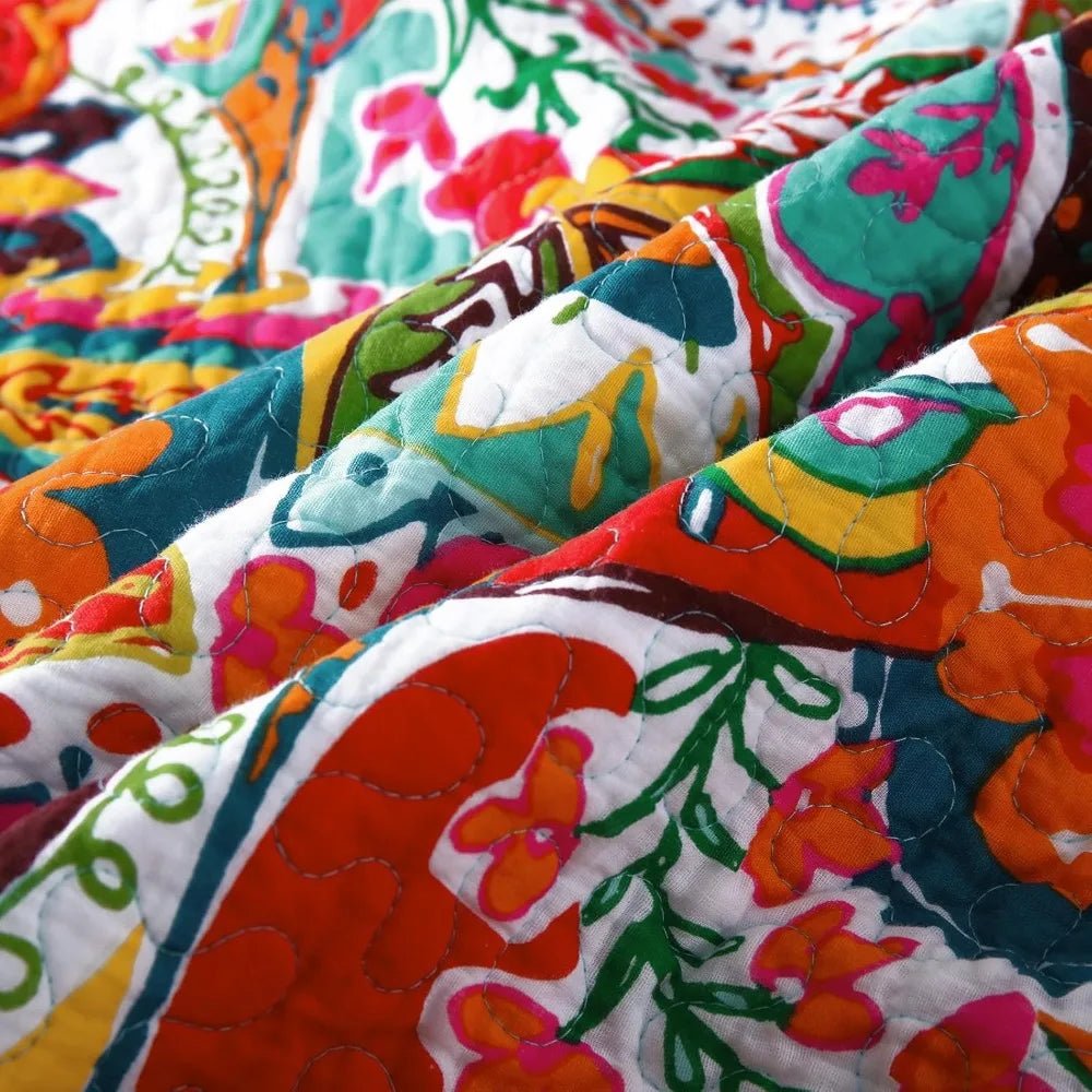 Colorful Cotton Boho Paisley Quilt Set, 3 - Piece Lightweight King Size Bedding with Pillows - Blu Lotus Boutique