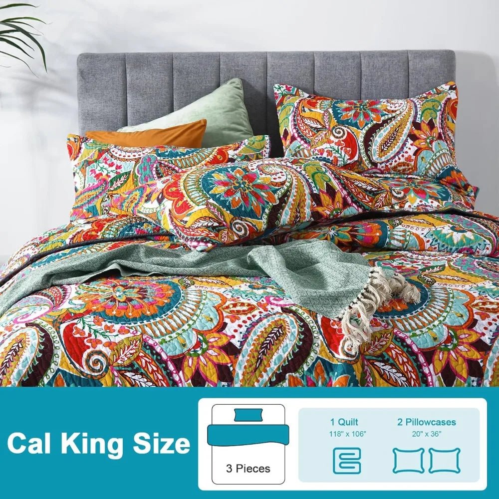 Colorful Cotton Boho Paisley Quilt Set, 3 - Piece Lightweight King Size Bedding with Pillows - Blu Lotus Boutique