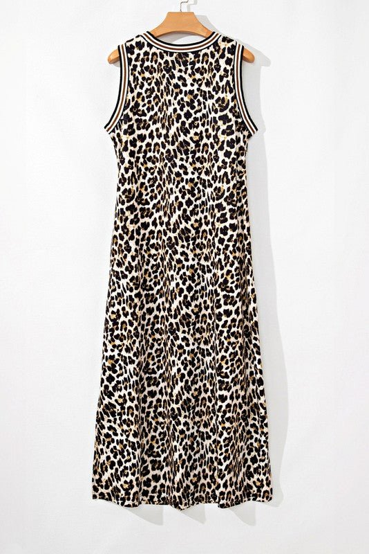 Contrast Stripe Trim Leopard Sleeveless long Dress - Blu Lotus Boutique